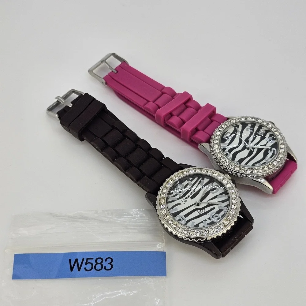 2X Women's‎ Watch 38MM Animal Print Dial Brown Pink Plastic Bands New Battery